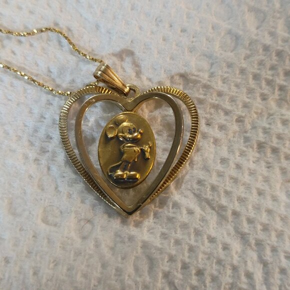 Mickey Mouse Double Heart Pendant Charm Walt Disney Production Vintage Gold Tone - Picture 11 of 12